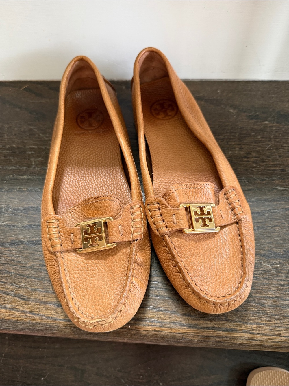 Tory Burch Cognac Leather Logo Moccasin Flats